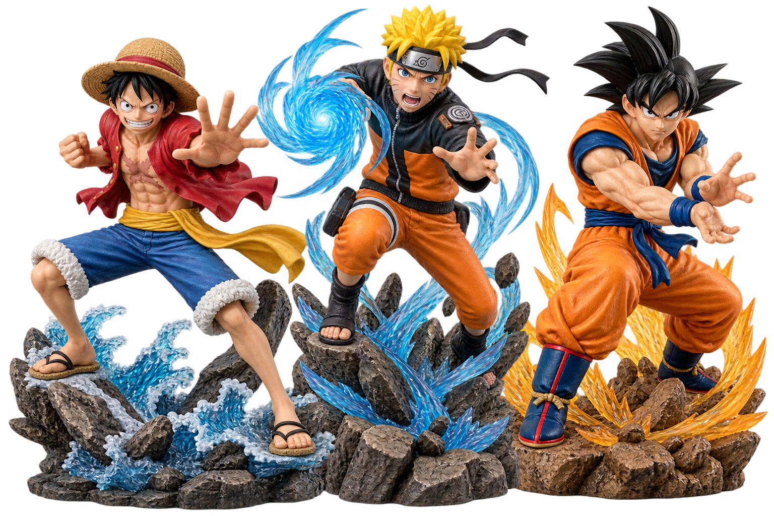Anime figure collection concept featuring Luffy, Naruto and Goku